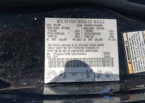 2002 Ford Explorer Limited z USA, uszkodzony, nr VIN 1FMZU75W72ZC95433